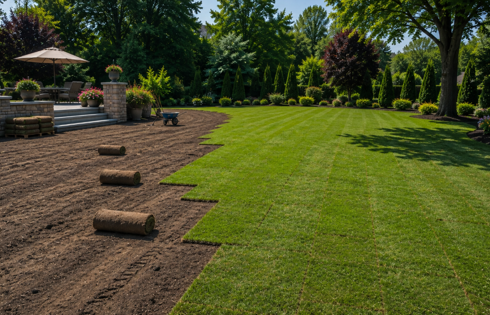 Backyard sod installation in progress, dirt transitioning to fresh striped green sod