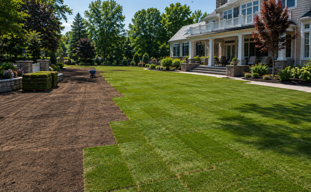 Large front lawn sod installation in progress at an upscale home with pallets of sod